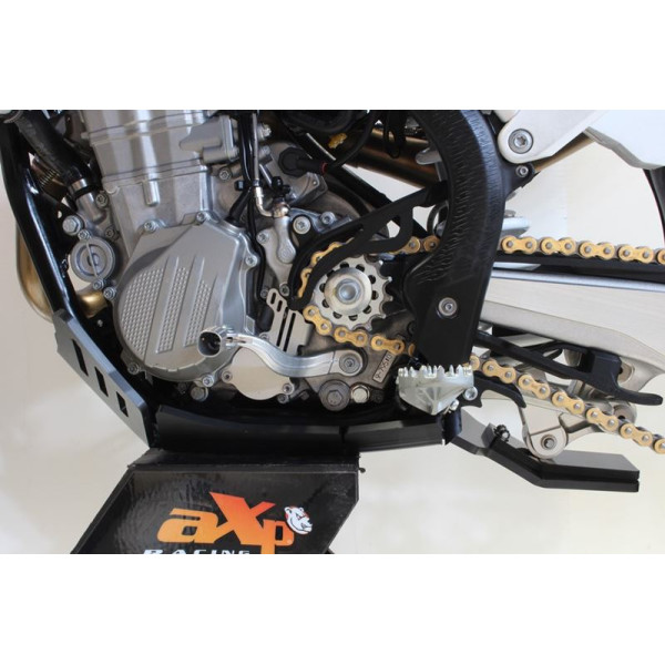 Left side of the black HDPE plastic skid plate with linkage guard for KTM 450 SX-F / Husqvarna FC450