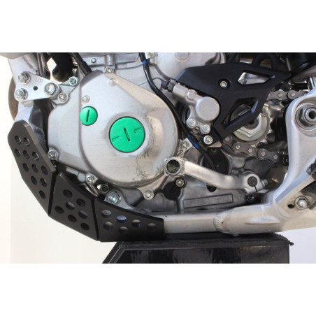 Left side of the black HDPE plastic skid plate for Kawasaki KX450