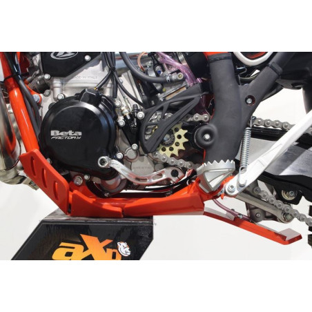 Left side of the red HDPE plastic skid plate with linkage guard for Beta 250RR - 300RR