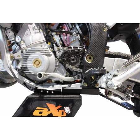 Left side of the black HDPE plastic skid plate with linkage guard for TM Racing 250 - 300