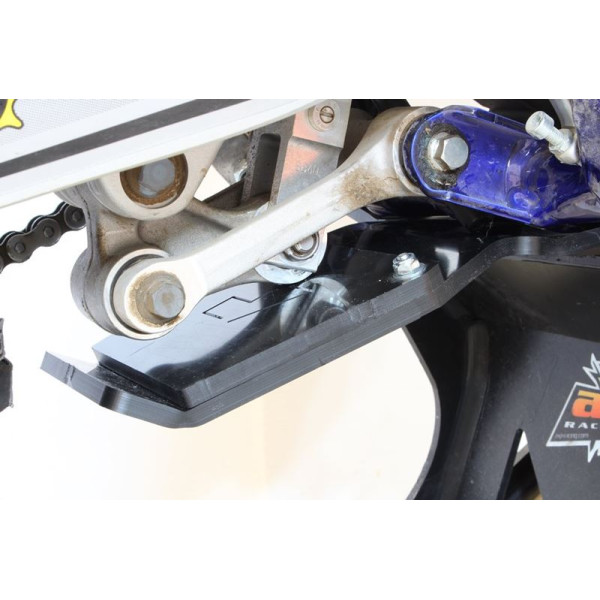 Close up view of the black HDPE plastic skid plate with linkage guard for Sherco SER250F - SER300F