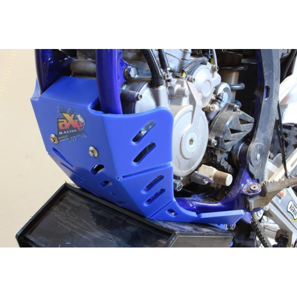 Left side of the blue HDPE plastic skid plate with linkage guard for Sherco SER250F - SER300F