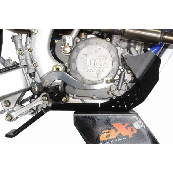 Right side of the black HDPE plastic skid plate with linkage guard for TM Racing 250Fi - 300Fi