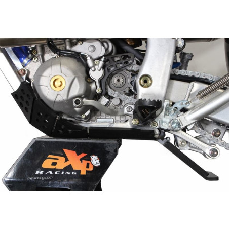 Left side of the black HDPE plastic skid plate with linkage guard for TM Racing 250Fi - 300Fi