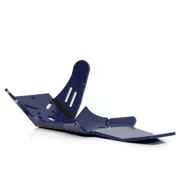 Vue arrière du sabot bleu en plastique PEHD avec protection de biellette pour Husqvarna FC250 - FC350
