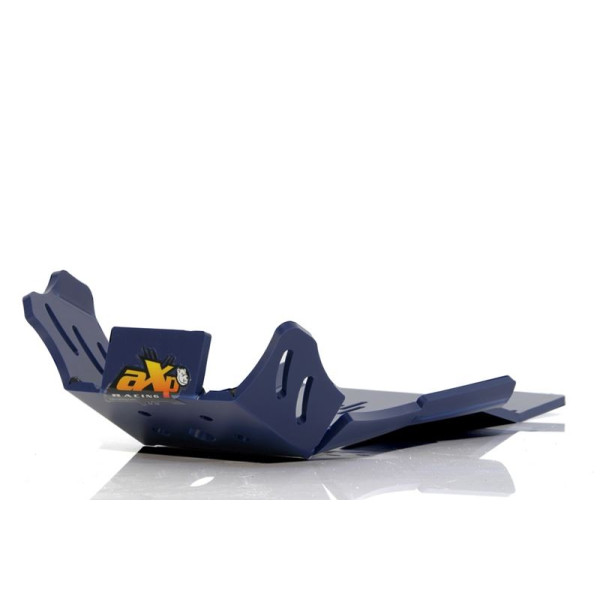 Left side of the blue HDPE plastic skid plate with linkage guard for Husqvarna TC250 - TX300