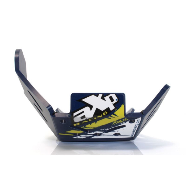 Vue avant du sabot bleu en plastique PEHD avec protection de biellette pour Husqvarna FE250 - FE350