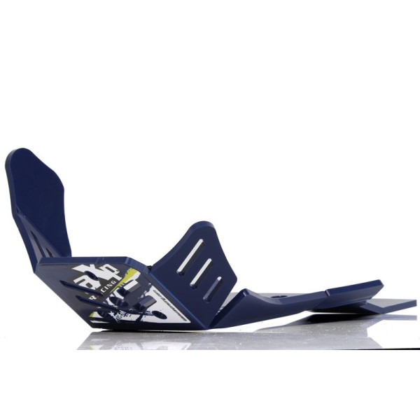 Left side of the blue HDPE plastic skid plate with linkage guard for Husqvarna FE450 - FE501
