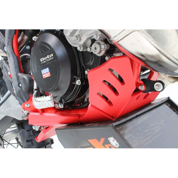 Right side of the red HDPE plastic skid plate with linkage guard for Beta 250RR - 300RR