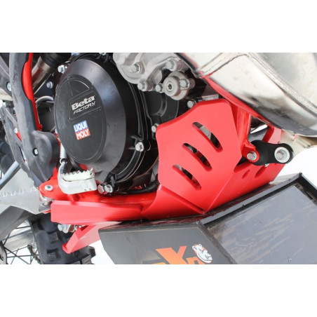 Right side of the red HDPE plastic skid plate with linkage guard for Beta 250RR - 300RR