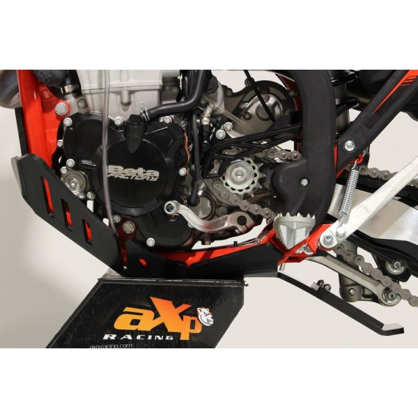 Left side of the black HDPE plastic skid plate with linkage guard for Beta enduro 4T