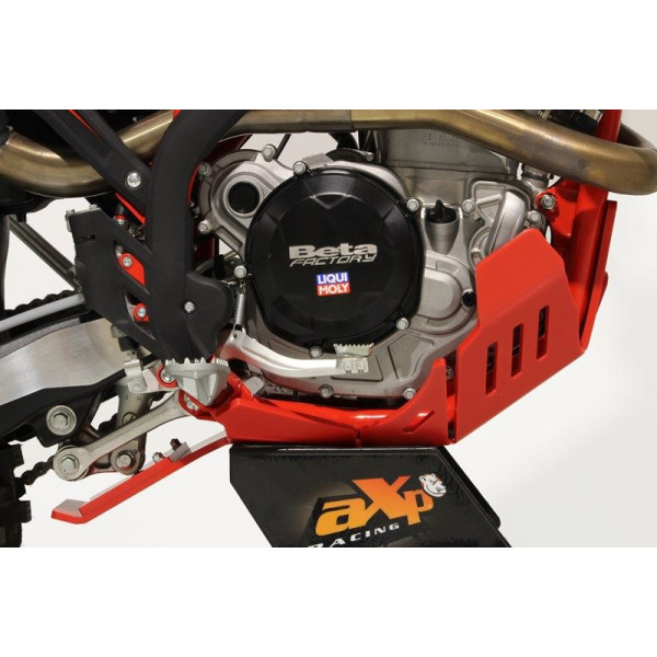 Right side of the red HDPE plastic skid plate with linkage guard for Beta enduro 4T