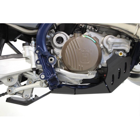 Left side of the black HDPE plastic skid plate with linkage guard for GasGas - Husqvarna