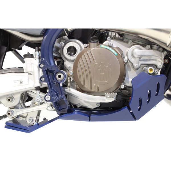 Right side of the blue HDPE plastic skid plate with linkage guard for Husqvarna TE250i - TE300i