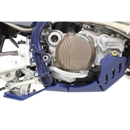 Right side of the blue HDPE plastic skid plate with linkage guard for Husqvarna TE250i - TE300i