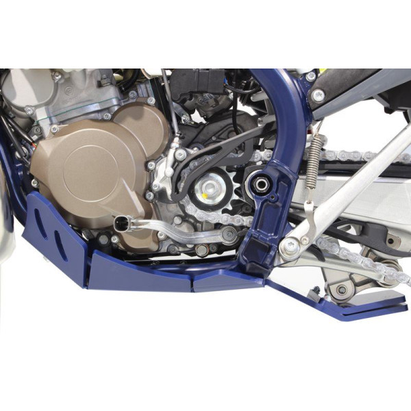 Left side of the blue HDPE plastic skid plate with linkage guard for Husqvarna TE250i - TE300i
