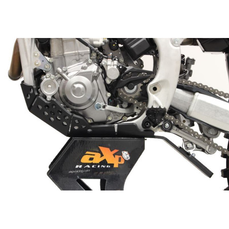 Left side of the black HDPE plastic skid plate with linkage guard for Honda CRF450R