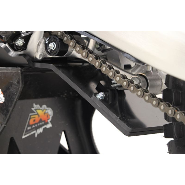 Close up view of the linkage guard of the black HDPE plastic skid plate for Honda CRF450R