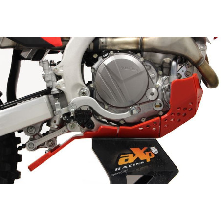 Right side of the red HDPE plastic skid plate with linkage guard for Honda CRF450R