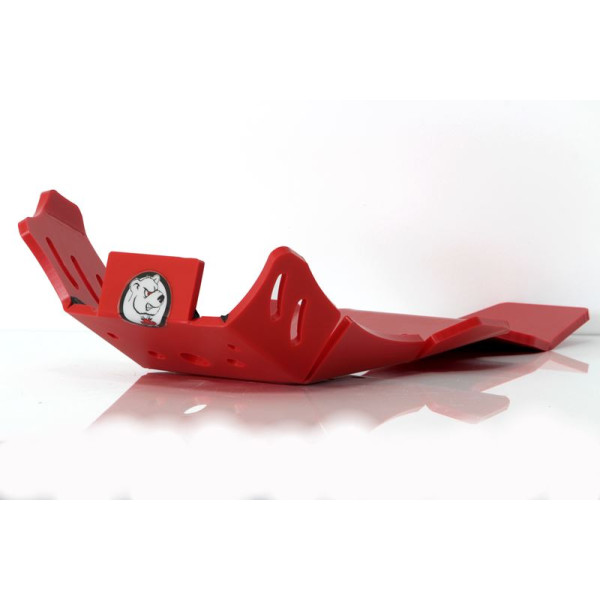 Left side of the red HDPE plastic skid plate with linkage guard for GasGas EC250 - EC300