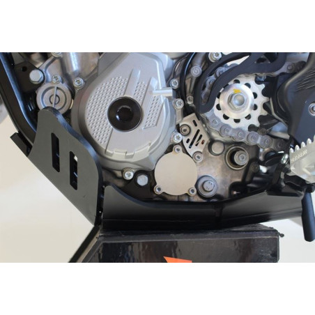 Left side of the black HDPE plastic skid plate with linkage guard for GasGas MC250F - EX250F - EX350F