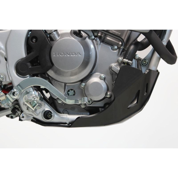 Left side of the black HDPE plastic skid plate for Honda CRF300L
