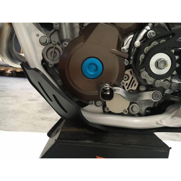 Left side of the black HDPE 6mm plastic skid plate for Husqvarna FE250 - FE350