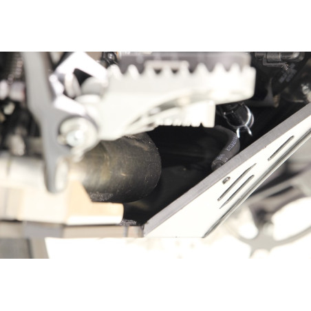 Closer view of the rear left side of the black HDPE 8mm plastic skid plate for Husqvarna Norden 901