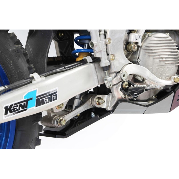 Left side of the black HDPE plastic skid plate with linkage guard for TM Racing EN250Fi and EN300Fi