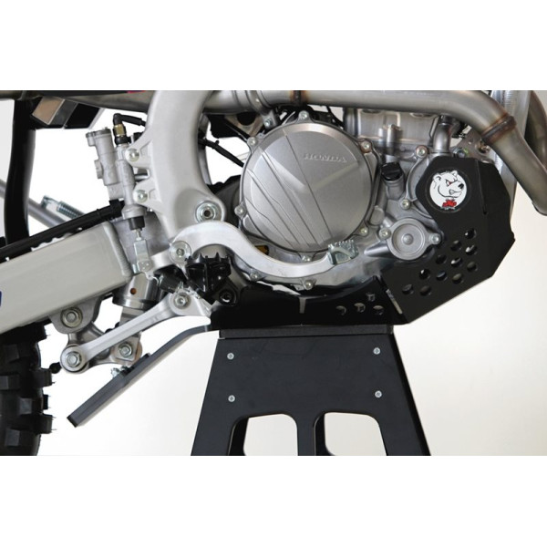 Right side of the red HDPE plastic skid plate with linkage guard for Honda CRF250 and 300