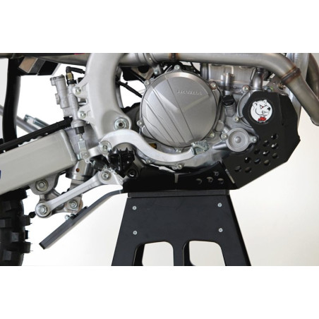 Right side of the red HDPE plastic skid plate with linkage guard for Honda CRF250 and 300