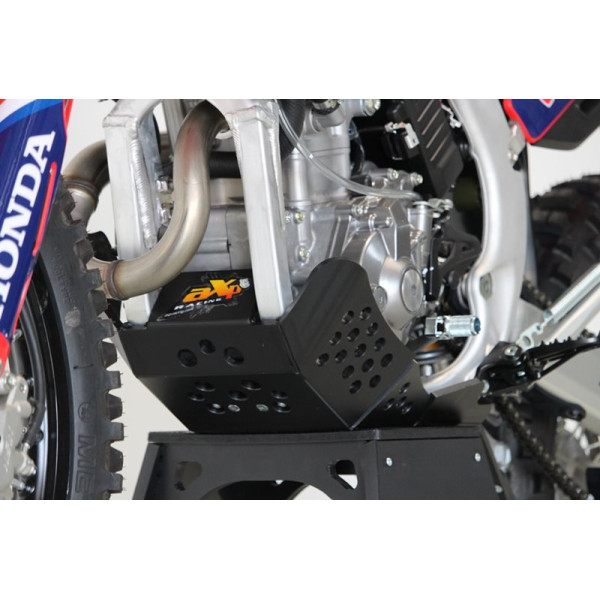 Left side of the red HDPE plastic skid plate with linkage guard for Honda CRF250 and 300