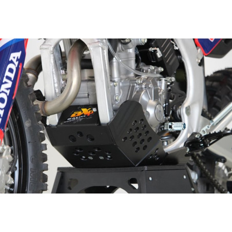 Left side of the red HDPE plastic skid plate with linkage guard for Honda CRF250 and 300