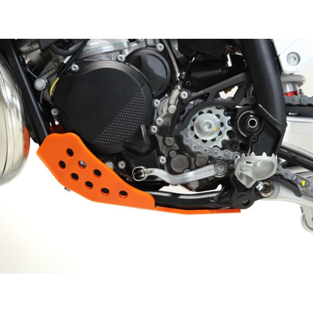 Left side of the orange HDPE plastic skid plate for KTM and Husqvarna 250 - 300
