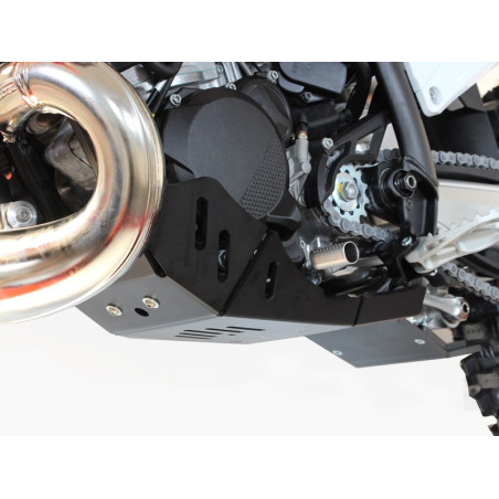 Left side of the black HDPE plastic skid plate with linkage guard for KTM 250-300 - Husqvarna 250-300