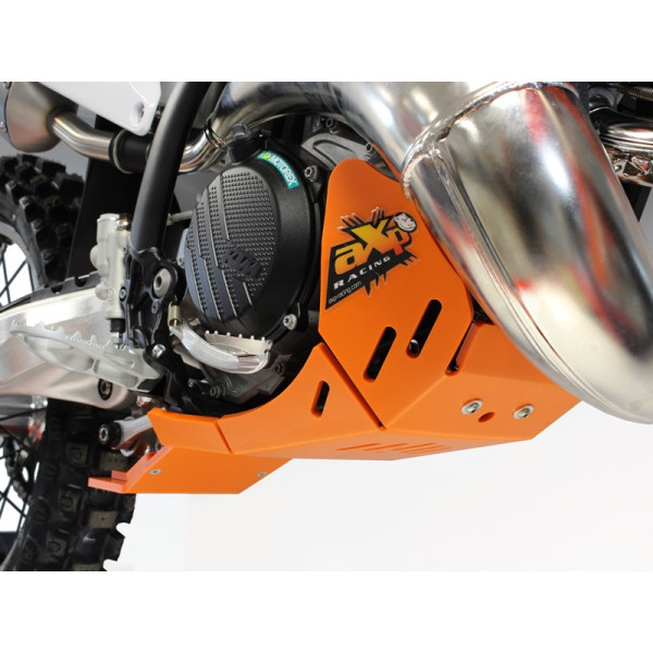 Right side of the orange HDPE plastic skid plate with linkage guard for KTM 250SX - 300XC