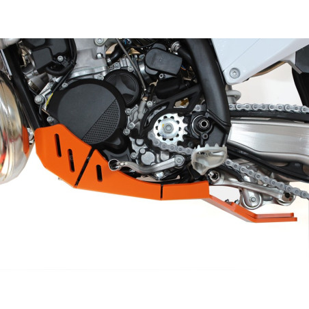 Left side of the orange HDPE plastic skid plate with linkage guard for KTM 250SX - 300XC
