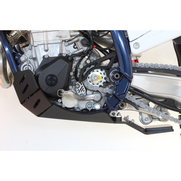 Left side of the black HDPE plastic skid plate with linkage guard for KTM - Husqvarna