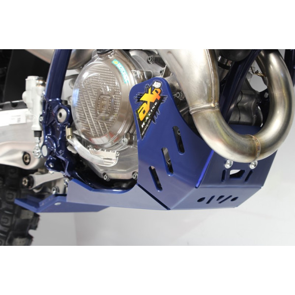 Right side of the blue HDPE plastic skid plate with linkage guard for Husqvarna FC450 - FE450