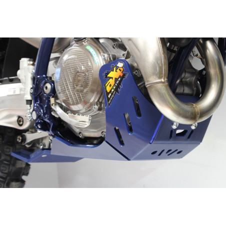 Right side of the blue HDPE plastic skid plate with linkage guard for Husqvarna FC450 - FE450