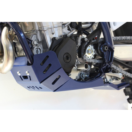 Left side of the blue HDPE plastic skid plate with linkage guard for Husqvarna FC450 - FE450